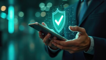 Man in suit holds phone showing glowing shield with checkmark. Digital security interface on mobile device. Network connection protection concept. Cyber safety online.
