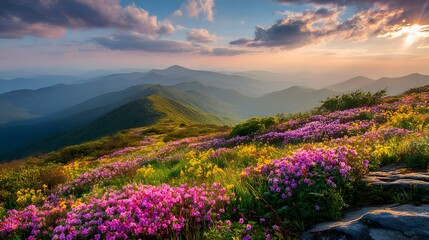 Vibrant blooming wildflowers cover a ridge overlooking layers of hazy mountain ranges during a serene sunset
