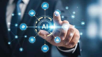AI workflow optimization concept. showing hand using stylus on digital interface with AI chip, cloud computing, and workflow icons representing automation and machine learning innovation.