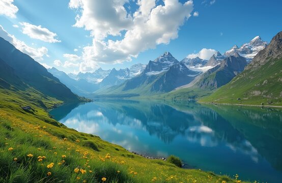 Turquoise lake reflects snow capped mountains, green grassy slopes with yellow wildflowers under blue sky with white clouds. Peaceful natural landscape scenery offers tranquil waters, majestic peaks. - Powered by Adobe