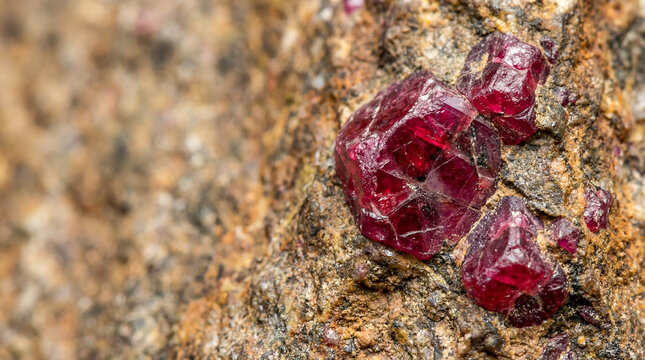 Bright red ruby minerals found in rock formation during a nature exploration in a forest setting in the afternoon light