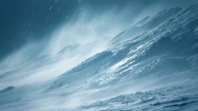 Blizzard snowstorm arctic winter mountain landscape extreme weather cold ice wind blowing white blue dramatic nature wilderness harsh environment frozen terrain high altitude snowfall drift texture at