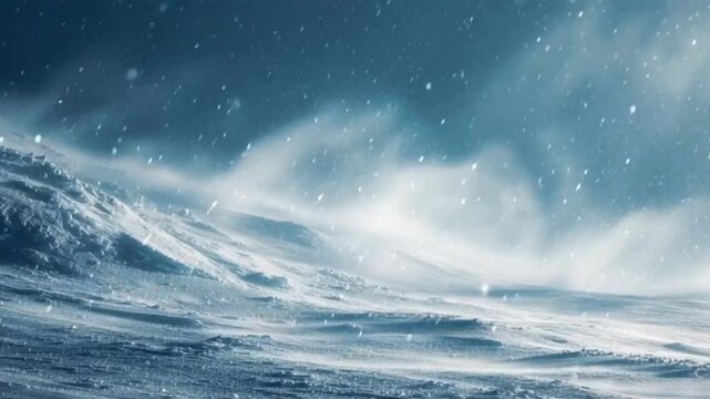 Winter blizzard snowstorm landscape arctic cold weather heavy snowfall frozen terrain icy wind dramatic blue atmosphere natural scene extreme climate background texture