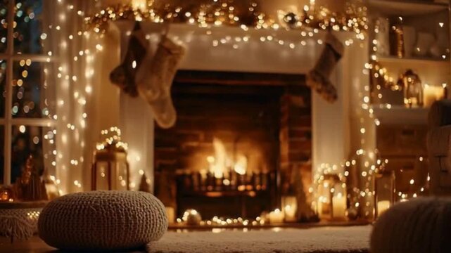 Cozy christmas fireplace scene with warm string lights stockings hanging above a crackling fire and soft knitted poufs creating a festive holiday atmosphere indoors