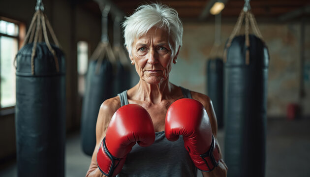 Elderly woman with boxing gloves stands in gym near punching bags. She looks determined, ready to train or fight. Fitness concept for seniors showing strength and spirit. - Powered by Adobe