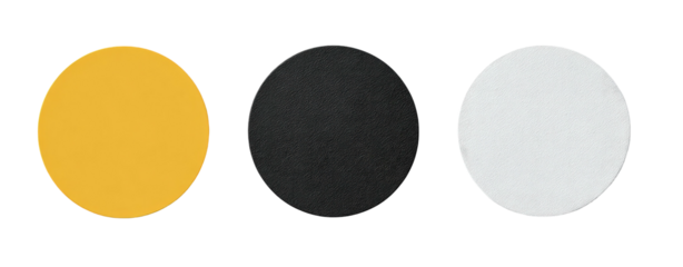 Three solid circles in a row gold, black, and white on black