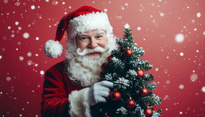 Santa Claus holding a decorated Christmas tree with red ornaments and smiling, set against a snowy red background with a shallow depth of field, conveying a merry Christmas mood.