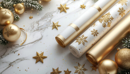 Merry Christmas decorative scene with gold and white rolls, stars, and ornaments on a marble surface with a festive mood.