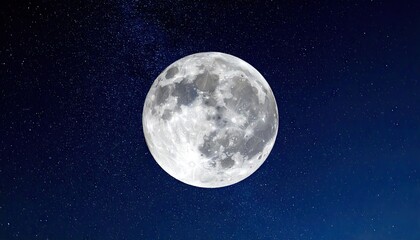Full Moon Illuminates Starry Night Sky with Detailed Craters and Galaxy Background in Deep Blue Hues