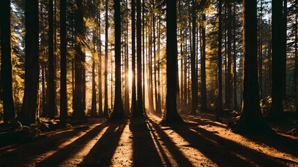 Obraz premium Sunlight pierces dense woodland creating long dramatic shadows across the forest floor