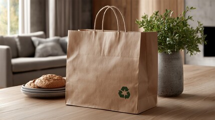 Brown paper shopping bag with recycling symbol sits on wooden table beside plate of cookies and potted plant, showcasing eco-friendly packaging in a cozy home environment