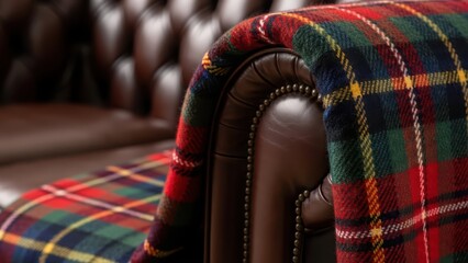 Naklejka premium Cozy tartan blanket draped over classic leather sofa in warm interior setting