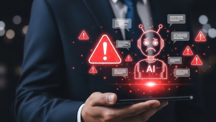 AI chatbot system alert in digital communication environment showing error, warning, and cybersecurity risk icons, highlighting potential data breach and smart automation failure in modern networks