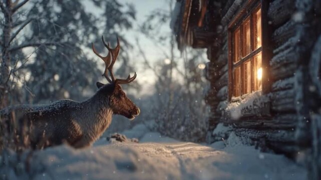 Reindeer standing near a snowcovered log cabin window with warm light glowing outside during a winter evening forest scene magical christmas atmosphere