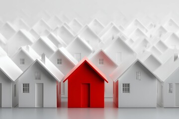 Red house stands out among numerous white houses, symbolizing uniqueness and individuality in a sea of uniformity, representing the concept of home and belonging in modern architecture