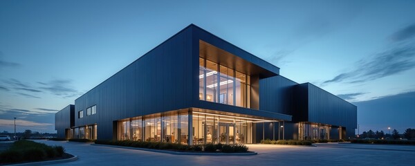 Modern dark building exterior at dusk with glass facade. Lit interior reveals office spaces and architectural design. Minimalist structure stands against twilight sky.