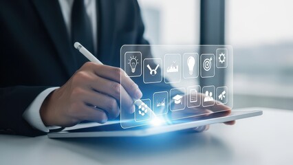 Smart education technology with AI powered idea creation, interactive learning icons, and digital knowledge tools used on tablet for personalized study and future ready training experience