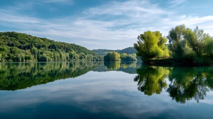 Still water surface perfectly mirrors lush green forested hillsides under a bright blue sky.