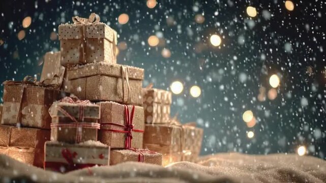 Stacked christmas presents wrapped in burlap and paper tied with ribbons sitting in snow with falling flakes and bokeh lights background for holiday celebration greeting card design
