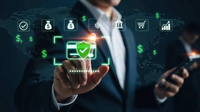 Secure online payment concept showing a businessman authenticating a digital credit card transaction, highlighting fintech innovation, financial security, encryption, and global ecommerce trends - Powered by Adobe