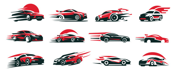 Cars logos set. Car red black logo emblem sign, speed movement stylized minimalist design racing auto service parts automobile vector illustration