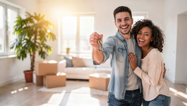 Happy multiracial couple celebrating new home with keys in bright living room filled with sunlight and moving boxes just after a big move - Powered by Adobe