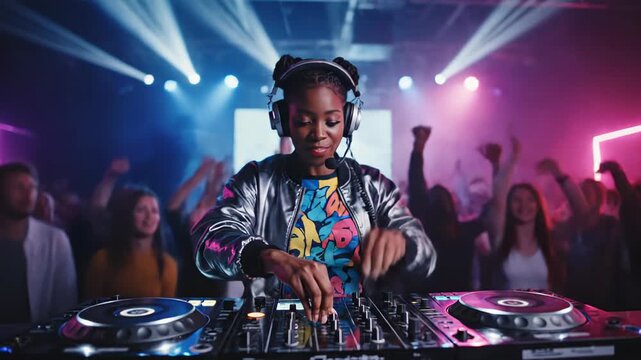 Energetic female DJ performing at vibrant dance party with lively crowd