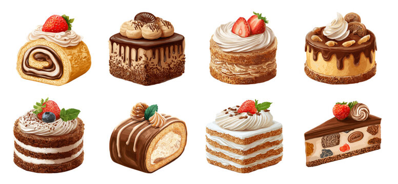 dessert Realistic set. Cake, biscuit layers cake roll chocolate cream strawberry bakery menu pastries sweets calories vector illustration