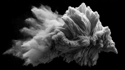 Dynamic monochrome abstract formation erupts against a stark black background