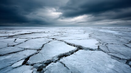 Expansive field of fractured ice stretches toward a dramatic, overcast horizon