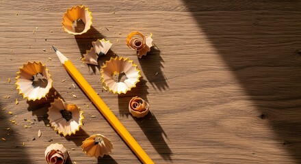 A yellow pencil and delicate shavings scattered on a warm wooden counter surface, representing a creative work concept