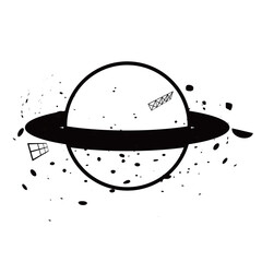 宇宙ゴミの白黒アイコンイラスト　土星の周りに浮かぶゴミや廃棄物