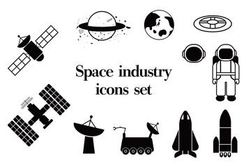 宇宙産業関連の白黒アイコンセット