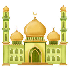 Watercolor Illustration of Green Mosque with Minarets