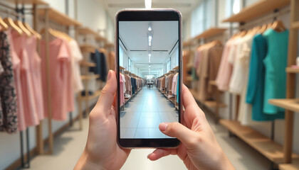 Woman holds phone showing fashion store aisle. Online retail sales, influencer marketing, new clothing collection showcase. E-commerce, fashion boutique business.