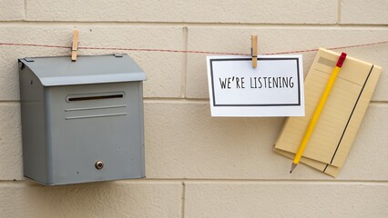 Sign says we are listening attached to a clothesline