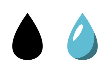 Water Rain Oil or Fluid Drop Droplet Drip Silhouette and Shiny and Shadowed 3D Effect Variation Wet Clean Sign Symbol Icon Set. Vector Image.