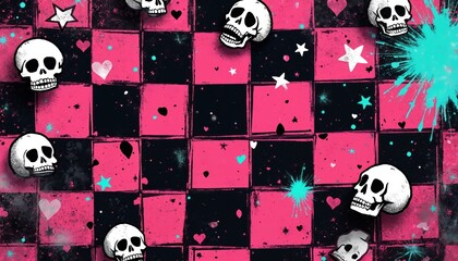 Checkerboard backdrop features skulls hearts stars, grunge. Black pink hues create edgy vibe. Design suits posters banners textiles apparel for youths, goths. Perfect for alternative fashion trends.