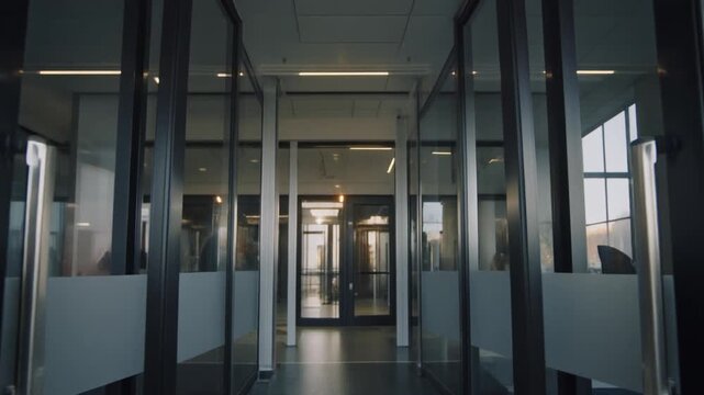 Automatic glass doors opening and closing in a modern office building.
