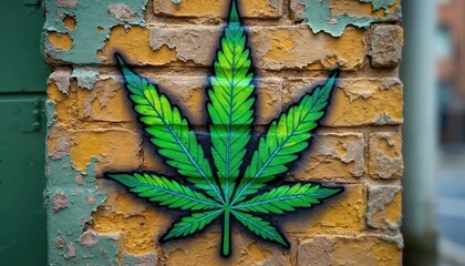 Green marijuana leaf graffiti sprayed on distressed brick wall urban art. Cannabis symbol painted on weathered brickwork outside building shows modern subculture.