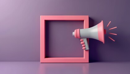 3D render illustration social media frame with megaphone. Pink border and hand-held speaker. Announce message on social network. Marketing concept for promotion campaign. Digital design isolated.