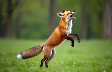 Naklejka premium Red fox leaps high with mouth open in green meadow. Furry animal hunting prey in grassy field. Wild canine in natural forest habitat, dynamic wildlife moment captured.