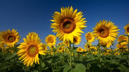 Fototapeta premium Numerous bright yellow sunflowers bloom vibrantly under a deep blue summer sky