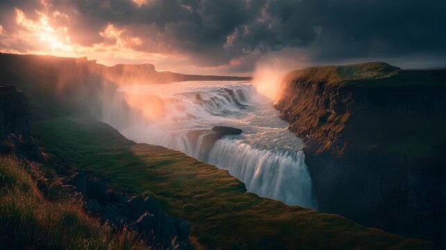 Dramatic light illuminates powerful cascade plunging into a deep gorge during sunset