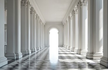 Obraz premium Bright white classical colonnade with checkered floor. Sunlight streams through arched opening creating shadow patterns. Ornate columns form a long corridor leading towards light.
