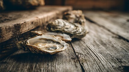 Freshly shucked bivalve mollusks rest upon weathered wooden surface