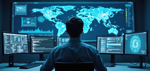 Man looks at computer screens. He monitors global network operations. Big screen shows world map. Cybersecurity analyst works in dark control room office.