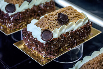 Rich chestnut vermicelli cake on display at a bakery in Zurich, Switzerland