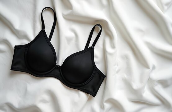 Black underwired bra lies on white crumpled fabric background. Two black bras with thin straps and metal underwire. Lingerie on soft textile. Intimate apparel for women. Bra on bed with white sheets.