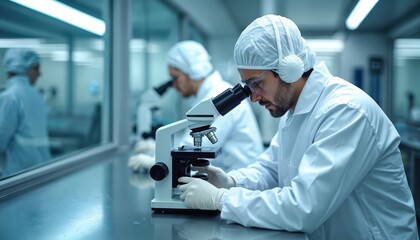 Two scientists in protective gear examine samples using microscopes in a clean lab setting. They focus intently on their work, engaged in scientific research and analysis.